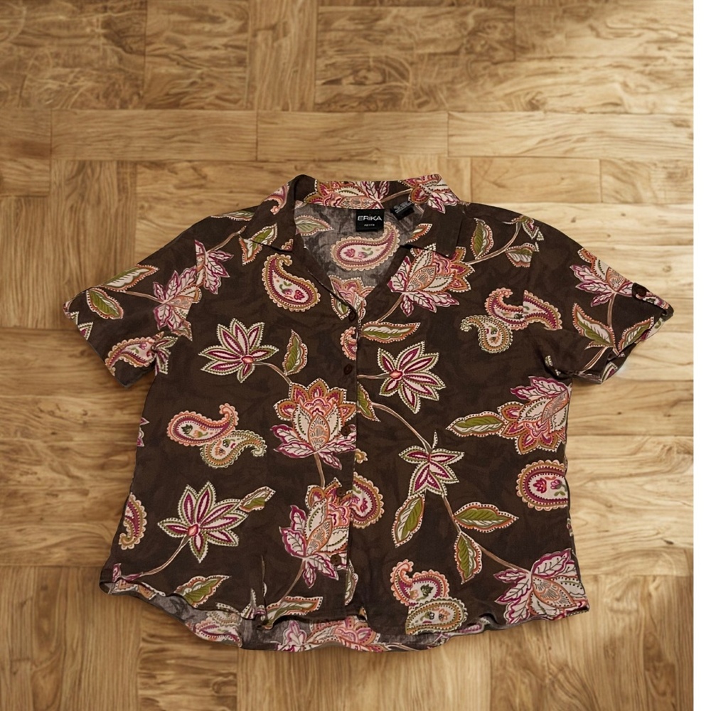 🌼 Vintage Erica Brown Floral Button-Up Shirt – Petite Women’s Size